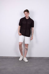 Men'S Stylish Loose-Fit Knit Shirt with Cut-Out Collar, Short Sleeves, and Button Details - Perfect for Summer, Beach Outings, and Casual Wear, Plus Size, Polyester, Beachwear, PLUS SIZE